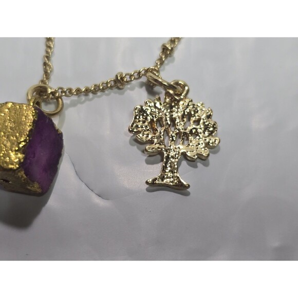 Dorothy Brand Gold Toned Necklace With Tree & Purple Block Charm & Earrings Set - Picture 5 of 8